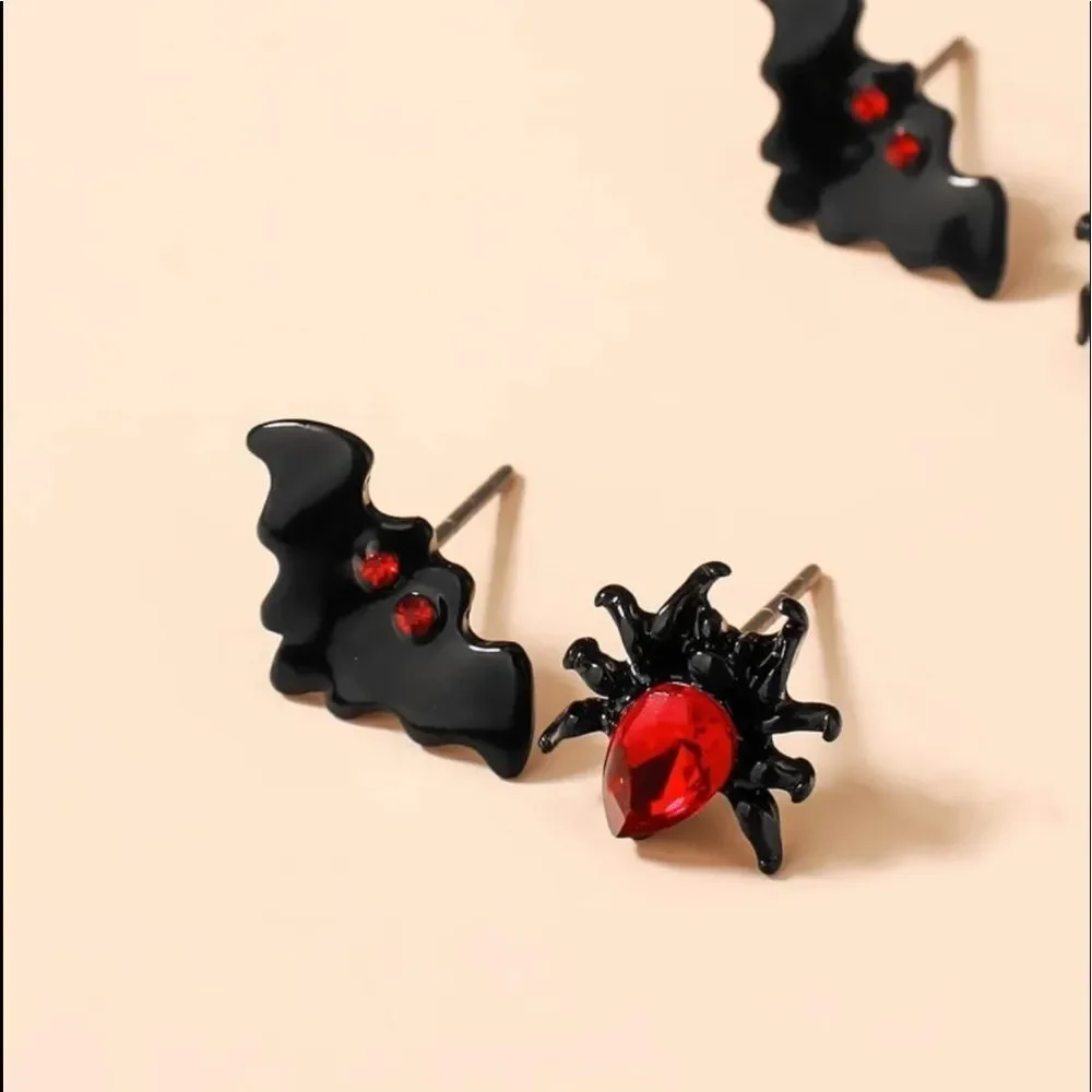 Y2K Vampire Gothic Halloween Spider Bat Red Jeweled Earrings